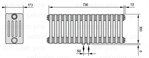 Схема (чертеж) Радиатор Zehnder Charleston 5030/16 №5410 Белый глянцевый RAL 9016